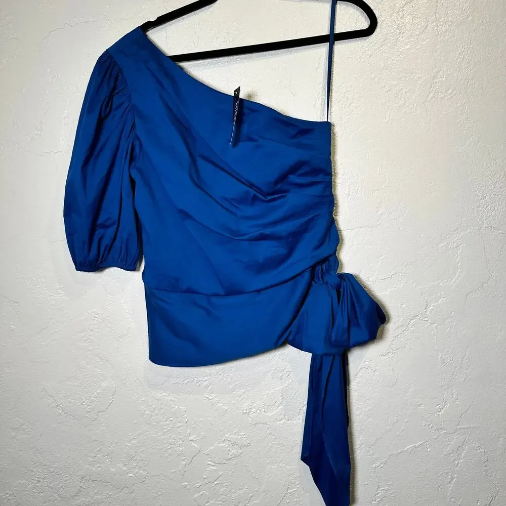 NWT WHBM Size 10 Blouse Asymmetrical Bow Royal Blue Side Ruching Puff Sleeve8